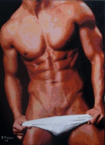 Brett a painting by San Francisco gay artist Donald Rizzo. Abstract verism in kaleidoscopic visions of vibrant colors.