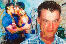 Gay Male Art painting "Cock Blocked" by San Francisco artist Donald Rizzo. Donald Rizzo paints kaleidoscopic visions of vibrant colors.