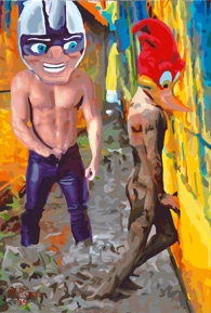 Gay Male Art paintings "Dirty Pecker”, by San Francisco gay artist Donald Rizzo from the series Maskamorphic exploring the psychology of wearing Masks.