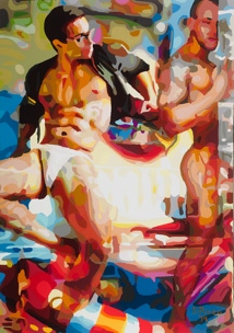 Shop Gay Male Art painting "Ii thought that youd want what i want" by San Francisco artist Donald Rizzo, he paints kaleidoscopic visions of vibrant colors.
