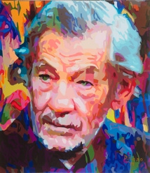 Sir Ian McKellen  in "Stonewall" a painting by San Francisco gay artist Donald Rizzo. Abstract verism in kaleidoscopic visions of vibrant colors.