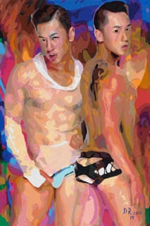 Gay Male Art paintings ""Victor" by San Francisco artist Donald Rizzo. Donald Rizzo paints kaleidoscopic visions of vibrant colors.