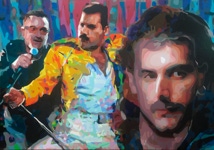 Abstract Realism Juxtaposed paintings "With or Without You, Who Wants to Live Forever" Freddie Mercury juxtaposed Bono by Donald Rizzo